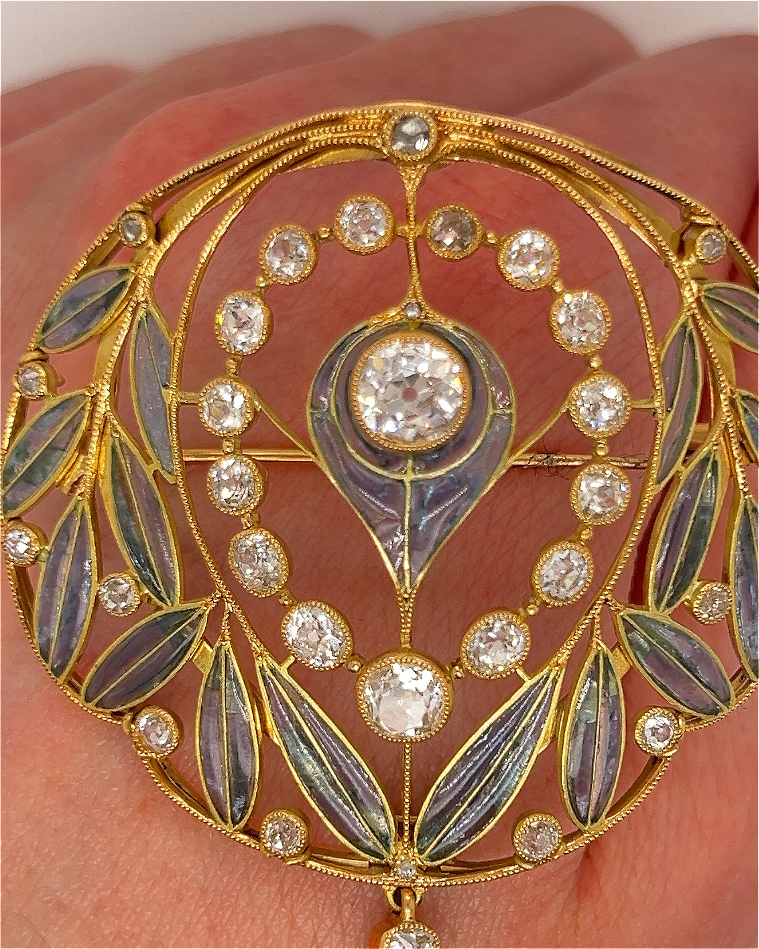 Broche Art Nouveau en émail et diamants taillés à l'ancienne en vente 1