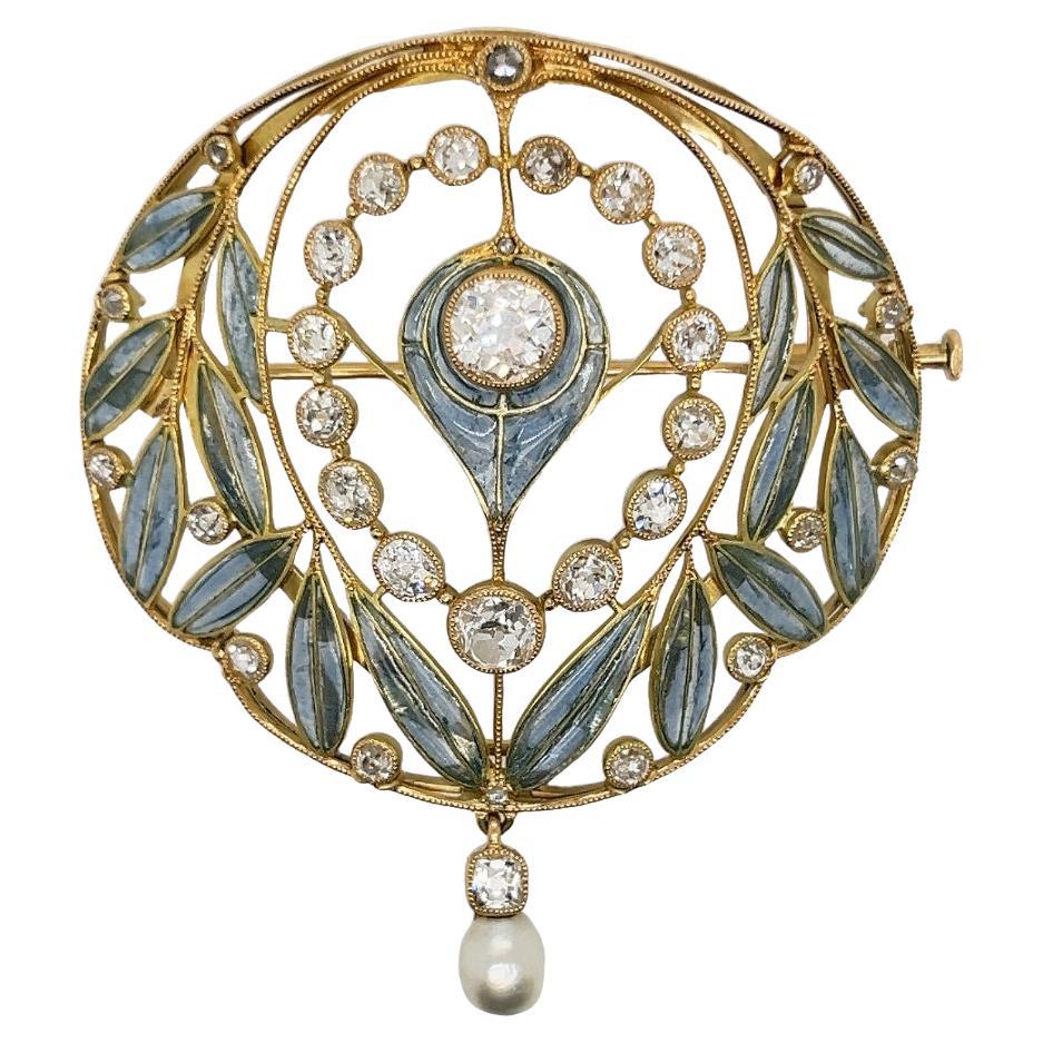 Art Nouveau Enamel & Old Cut Diamond Brooch For Sale