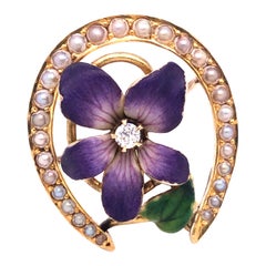Antique Art Nouveau Enamel Pansy Diamond and Seed Pearl Horseshoe Brooch