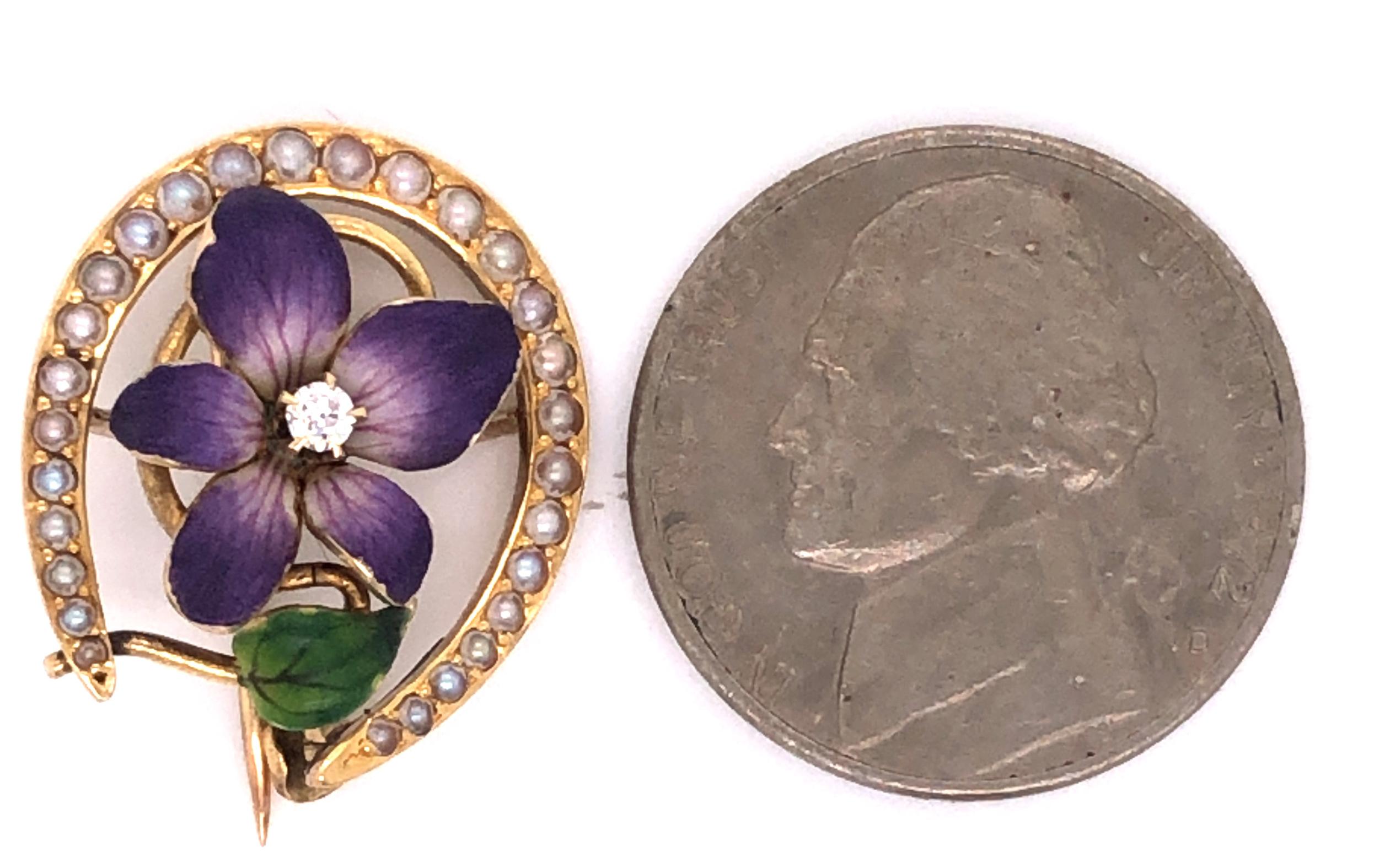 Women's or Men's Art Nouveau Enamel Pansy Diamond and Seed Pearl Horseshoe Brooch
