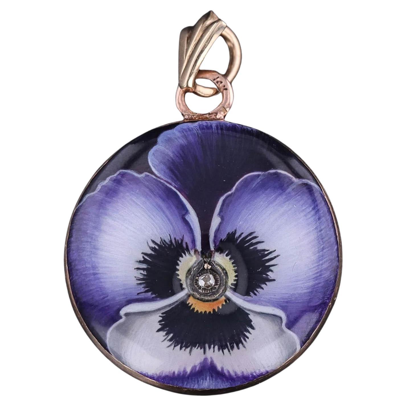 Art Nouveau Enamel Pansy Pendant of 14k Gold