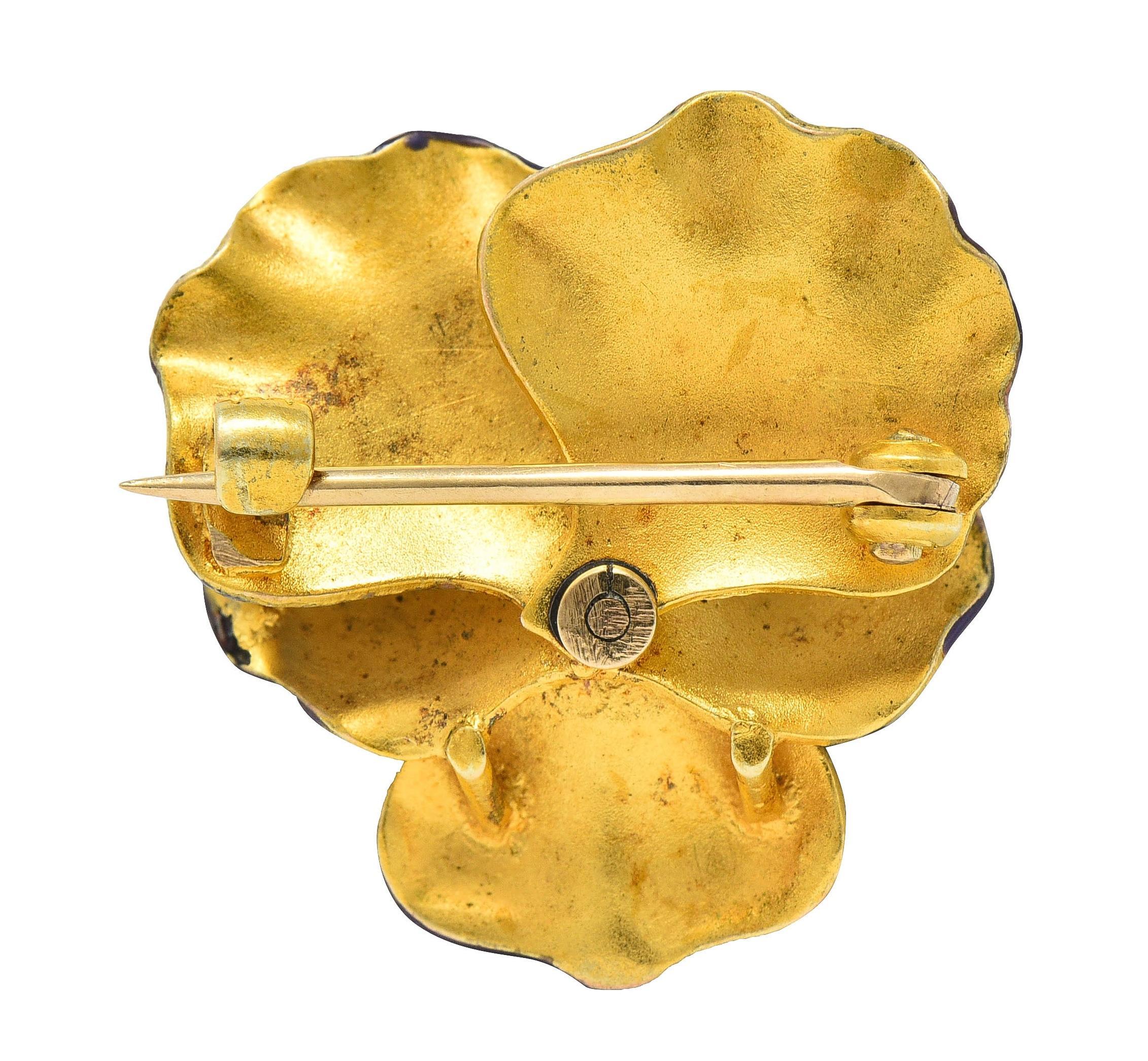 Round Cut Art Nouveau Enamel Pearl 10 Karat Gold Antique Pansy Flower Pendant Brooch