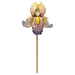 Art Nouveau Enamel Pearl 14 Karat Gold Antique Iris Flower Whiteside Stickpin