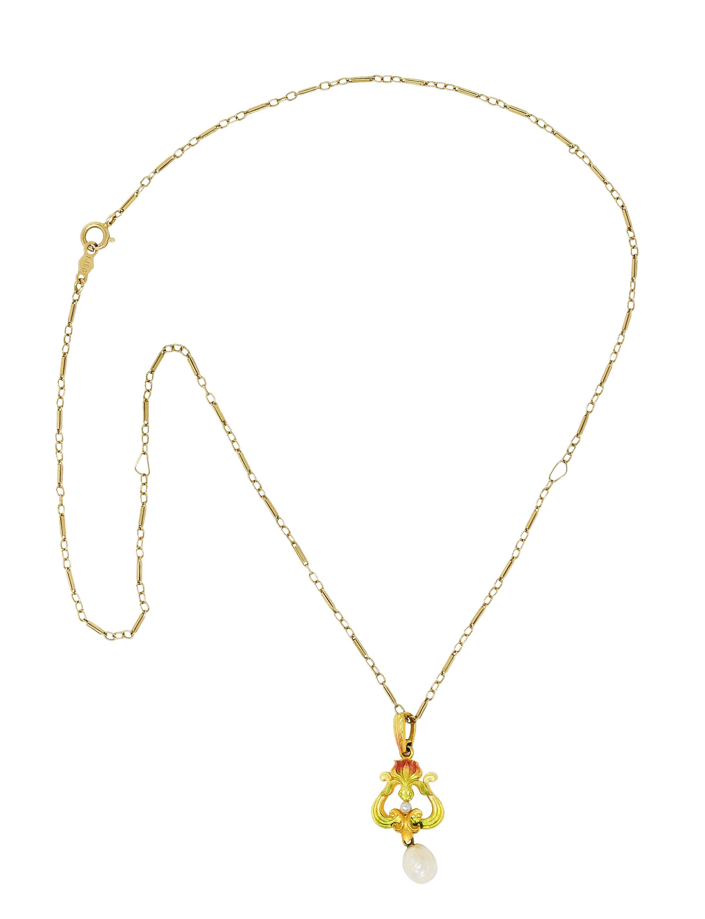 Necklace designed as 1.5 mm cable chain alternating with stylized bar links suspending foliate pendant

Pendant features engraved bale suspending grooved whiplash motifs with a stylized lotus flower

With transparent ombrè enamel ranging in color