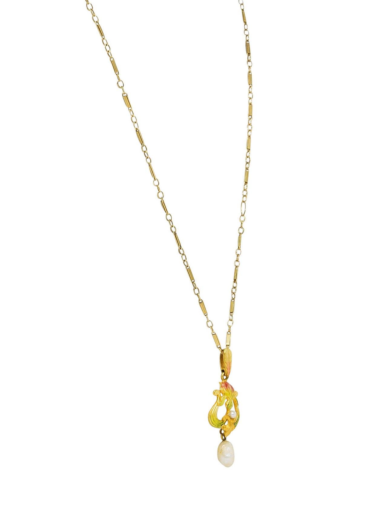 Uncut Art Nouveau Enamel Pearl 14 Karat Gold Pendant Necklace