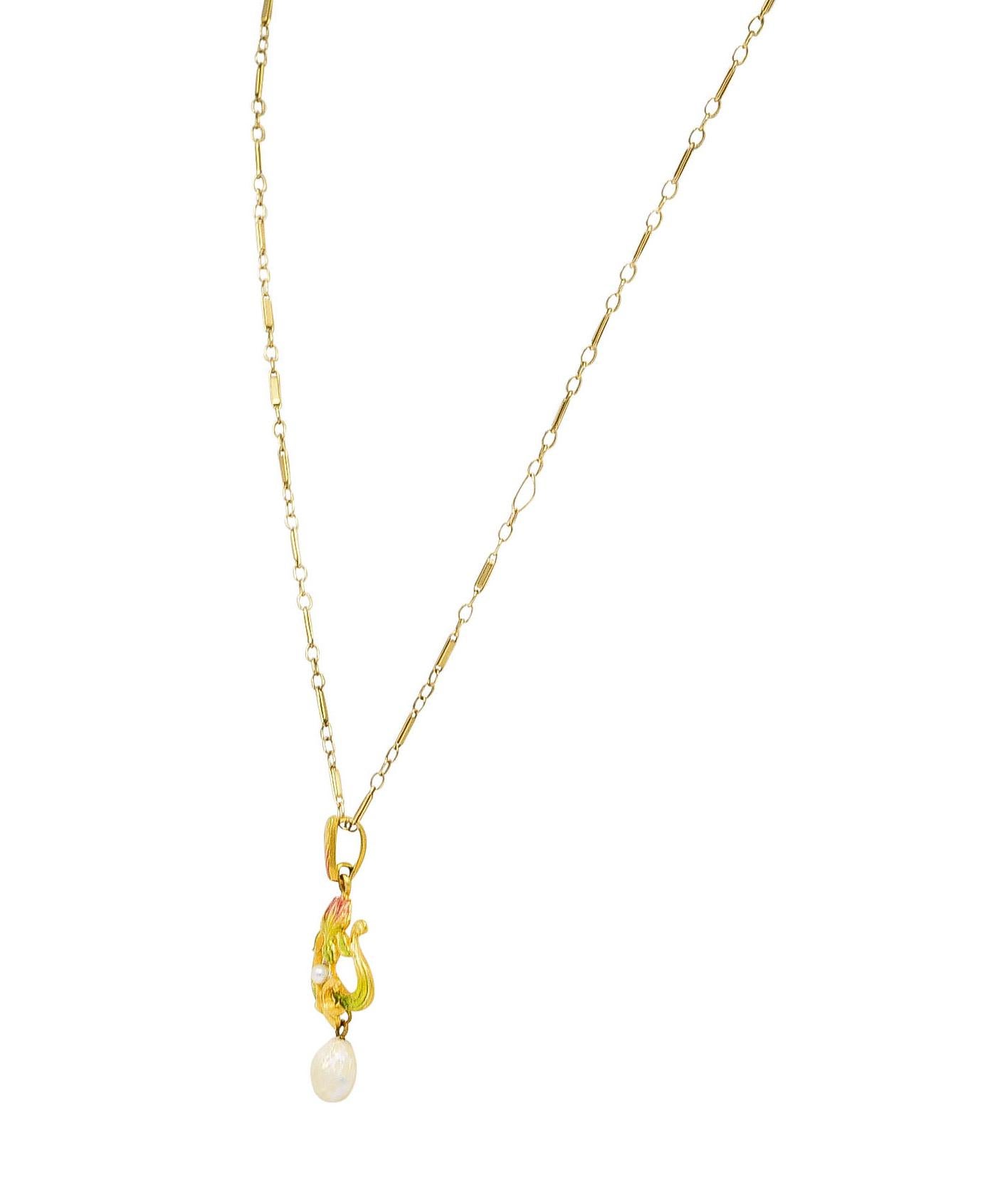 Art Nouveau Enamel Pearl 14 Karat Gold Pendant Necklace In Excellent Condition In Philadelphia, PA