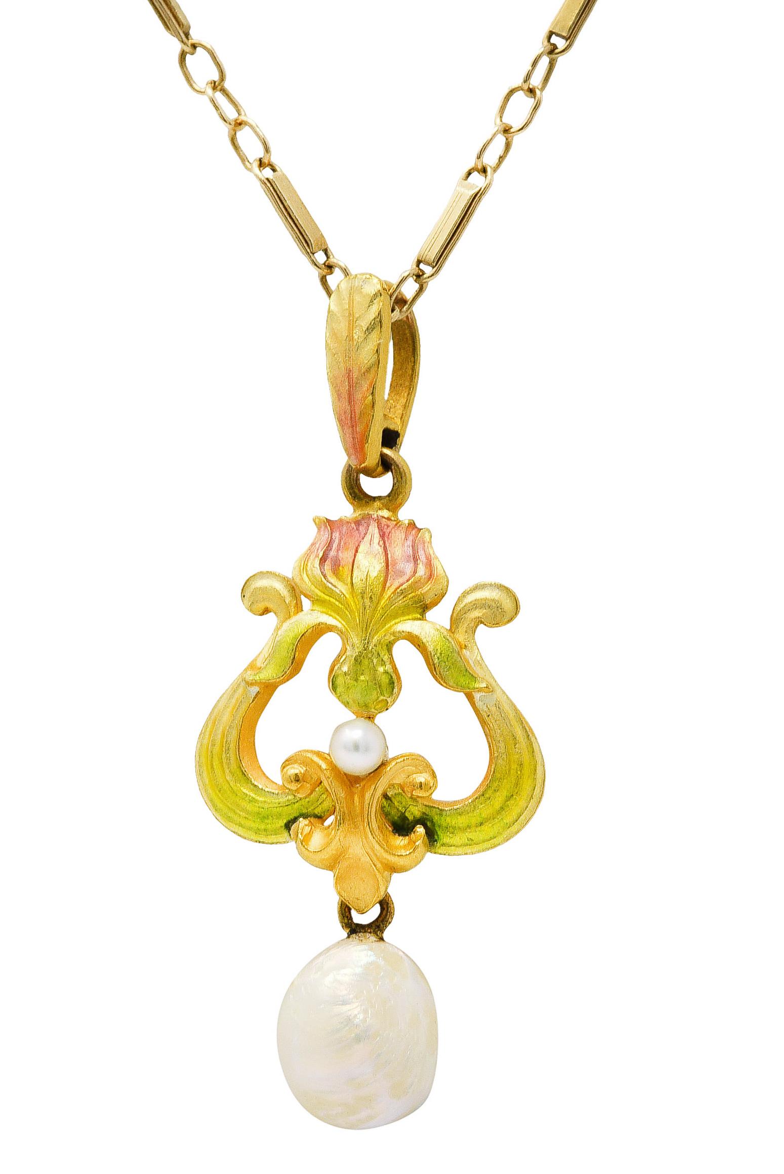 Art Nouveau Enamel Pearl 14 Karat Gold Pendant Necklace 1