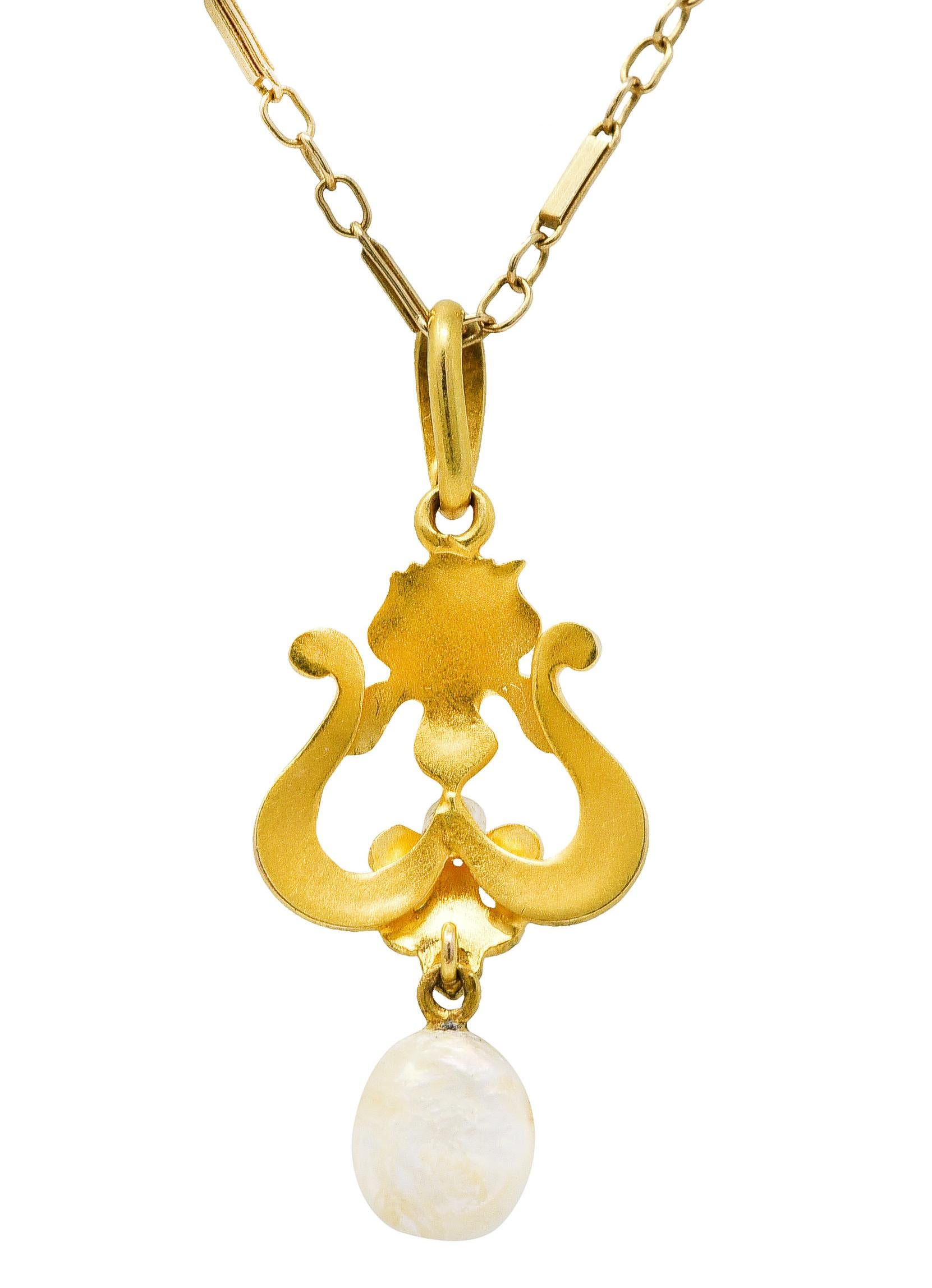 Art Nouveau Enamel Pearl 14 Karat Gold Pendant Necklace 2