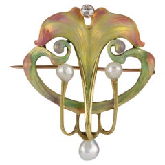 Art Nouveau Enamel, Pearl and Diamond Brooch