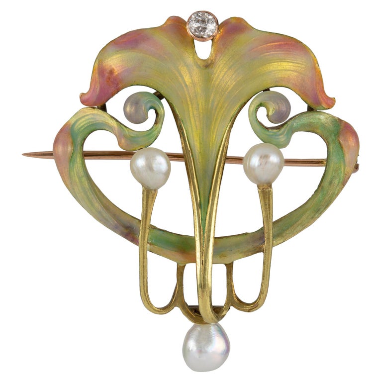 Art Nouveau Enamel, Pearl and Diamond Brooch For Sale at 1stDibs