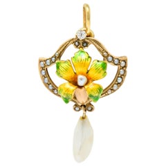 Art Nouveau Enamel Pearl Diamond 14 Karat Gold Lily Flower Pendant