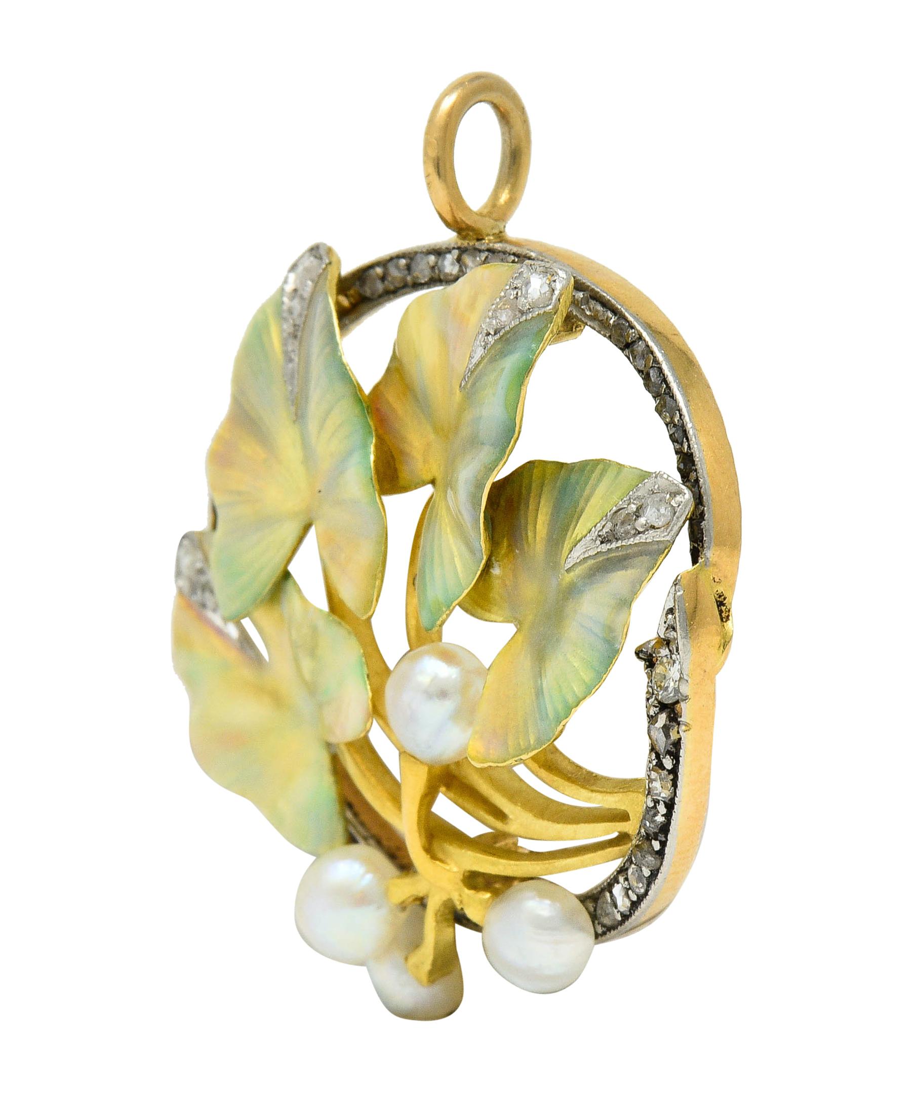 Rose Cut Art Nouveau Enamel Pearl Diamond Platinum 18 Karat Two-Tone Gold Ivy Brooch