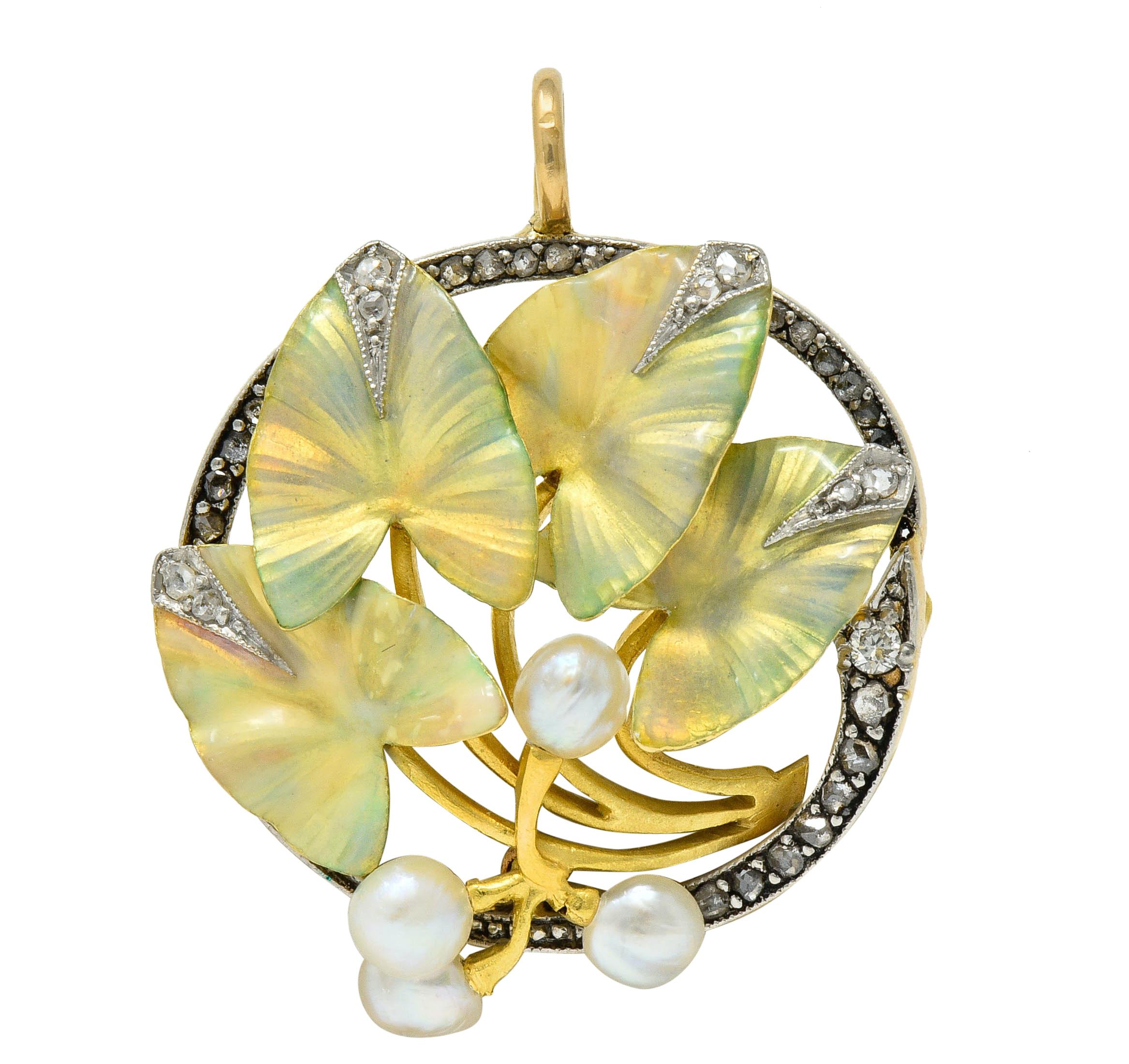 Art Nouveau Enamel Pearl Diamond Platinum 18 Karat Two-Tone Gold Ivy Brooch In Excellent Condition In Philadelphia, PA