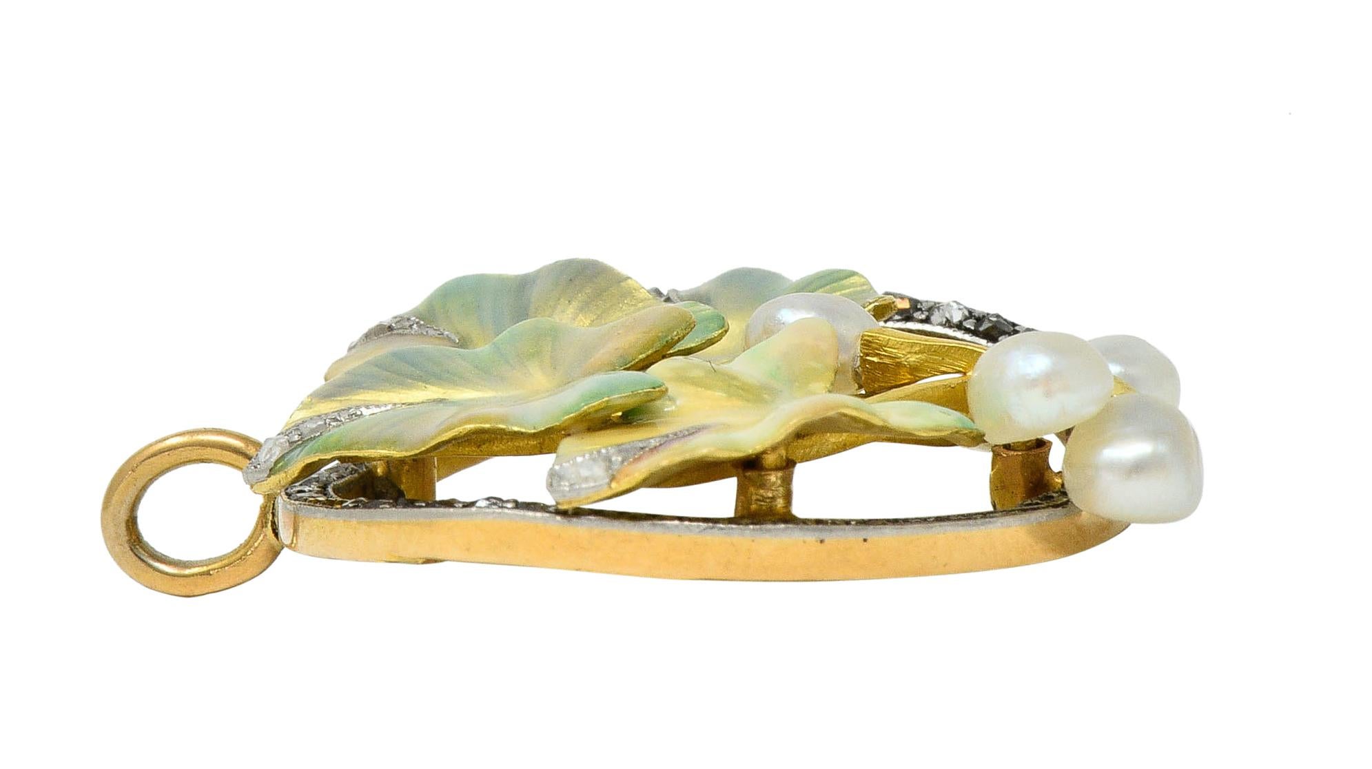 Women's or Men's Art Nouveau Enamel Pearl Diamond Platinum 18 Karat Two-Tone Gold Ivy Brooch