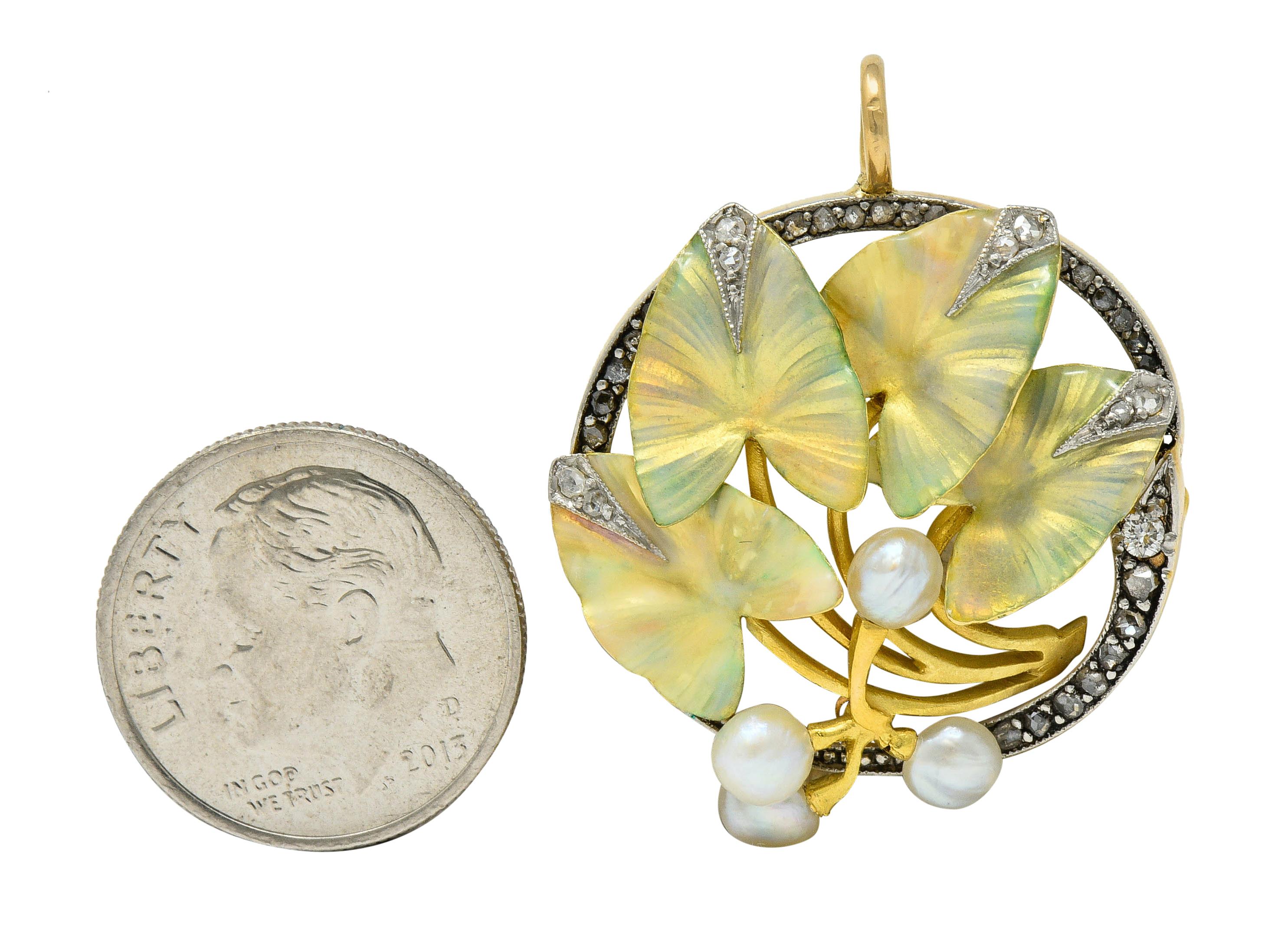 Art Nouveau Enamel Pearl Diamond Platinum 18 Karat Two-Tone Gold Ivy Brooch 2