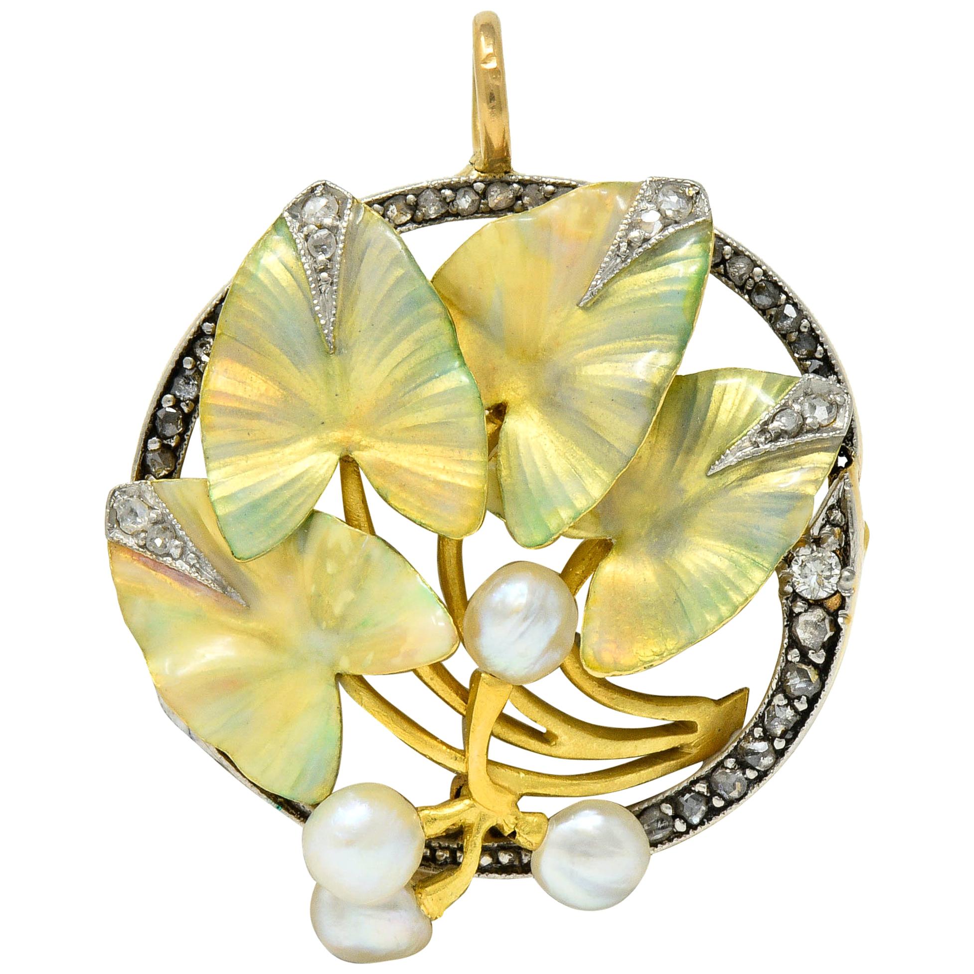 Art Nouveau Enamel Pearl Diamond Platinum 18 Karat Two-Tone Gold Ivy Brooch