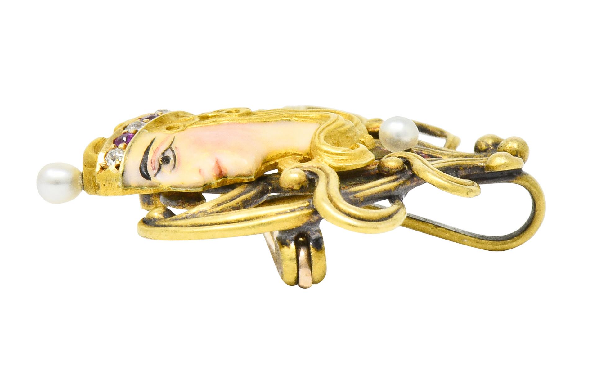 Art Nouveau Enamel Pearl Ruby Diamond 14 Karat Gold Empress Pendant Brooch 5