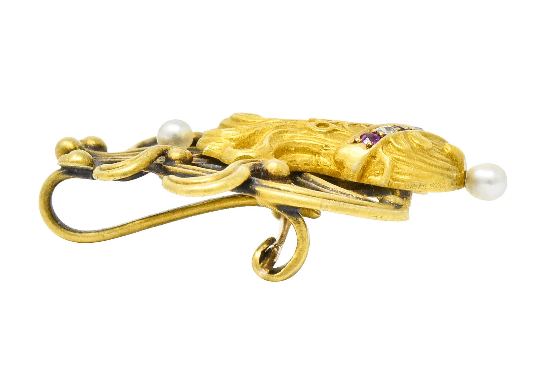 Art Nouveau Enamel Pearl Ruby Diamond 14 Karat Gold Empress Pendant Brooch 6