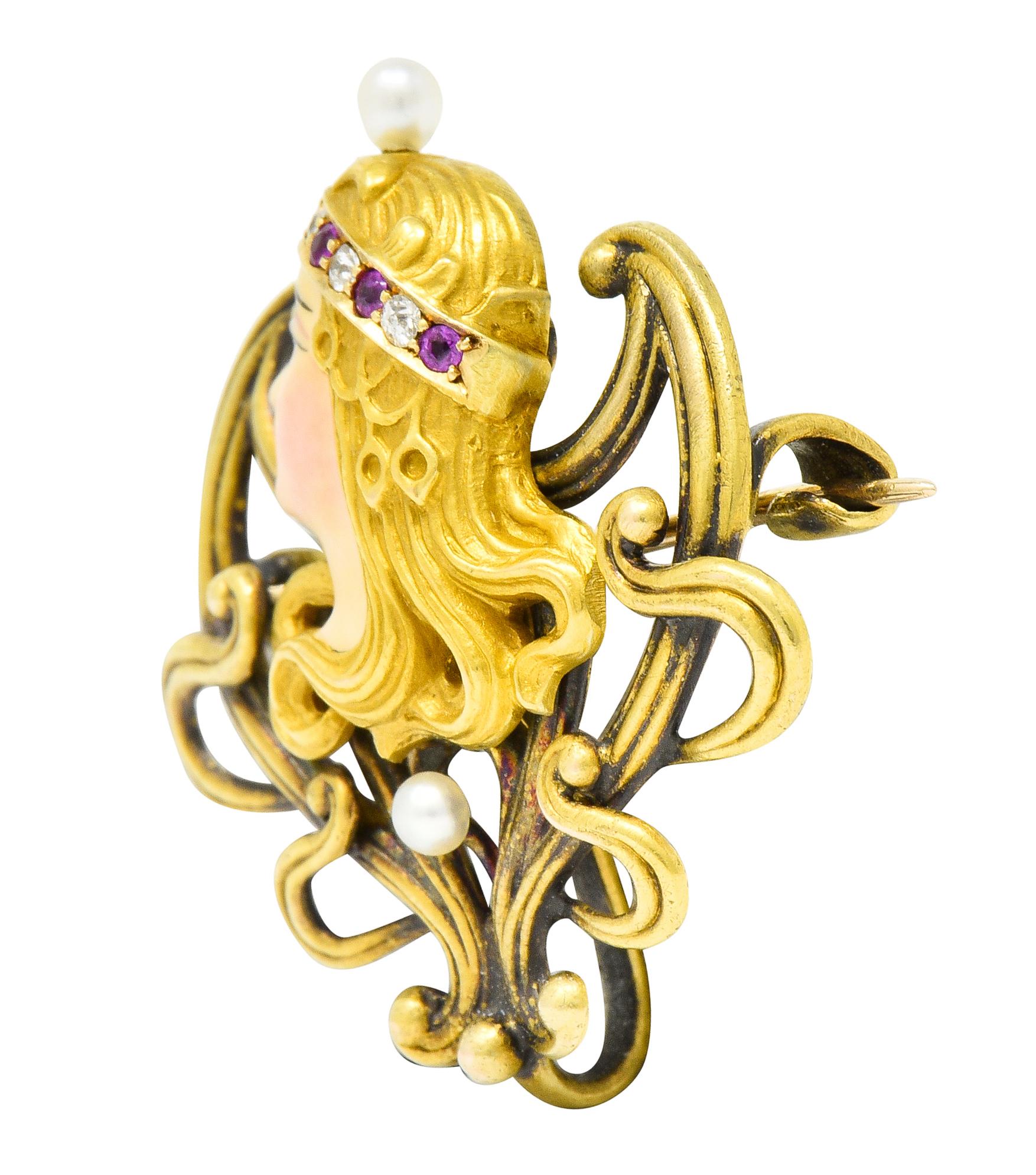 Round Cut Art Nouveau Enamel Pearl Ruby Diamond 14 Karat Gold Empress Pendant Brooch