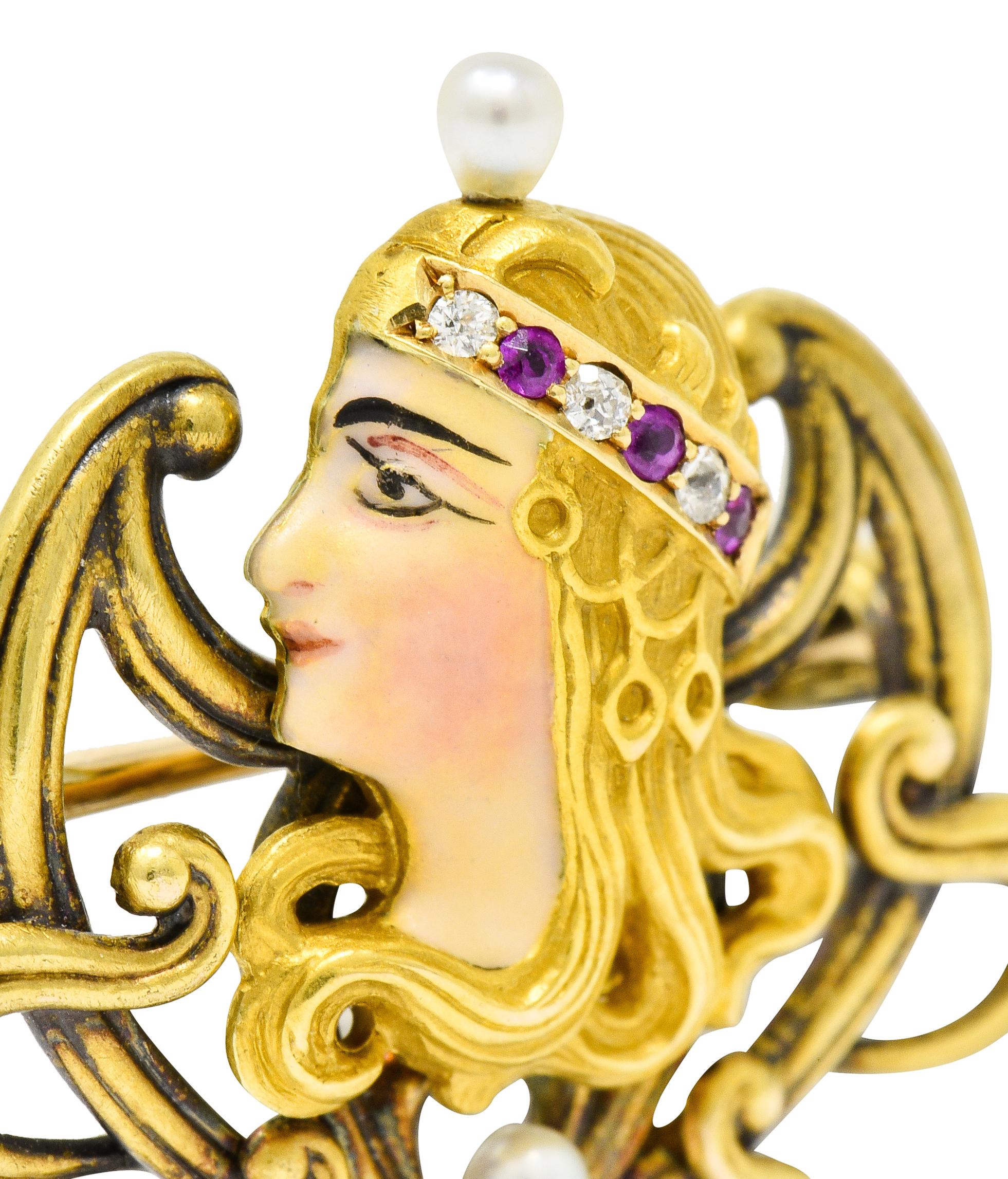 Art Nouveau Enamel Pearl Ruby Diamond 14 Karat Gold Empress Pendant Brooch In Excellent Condition In Philadelphia, PA