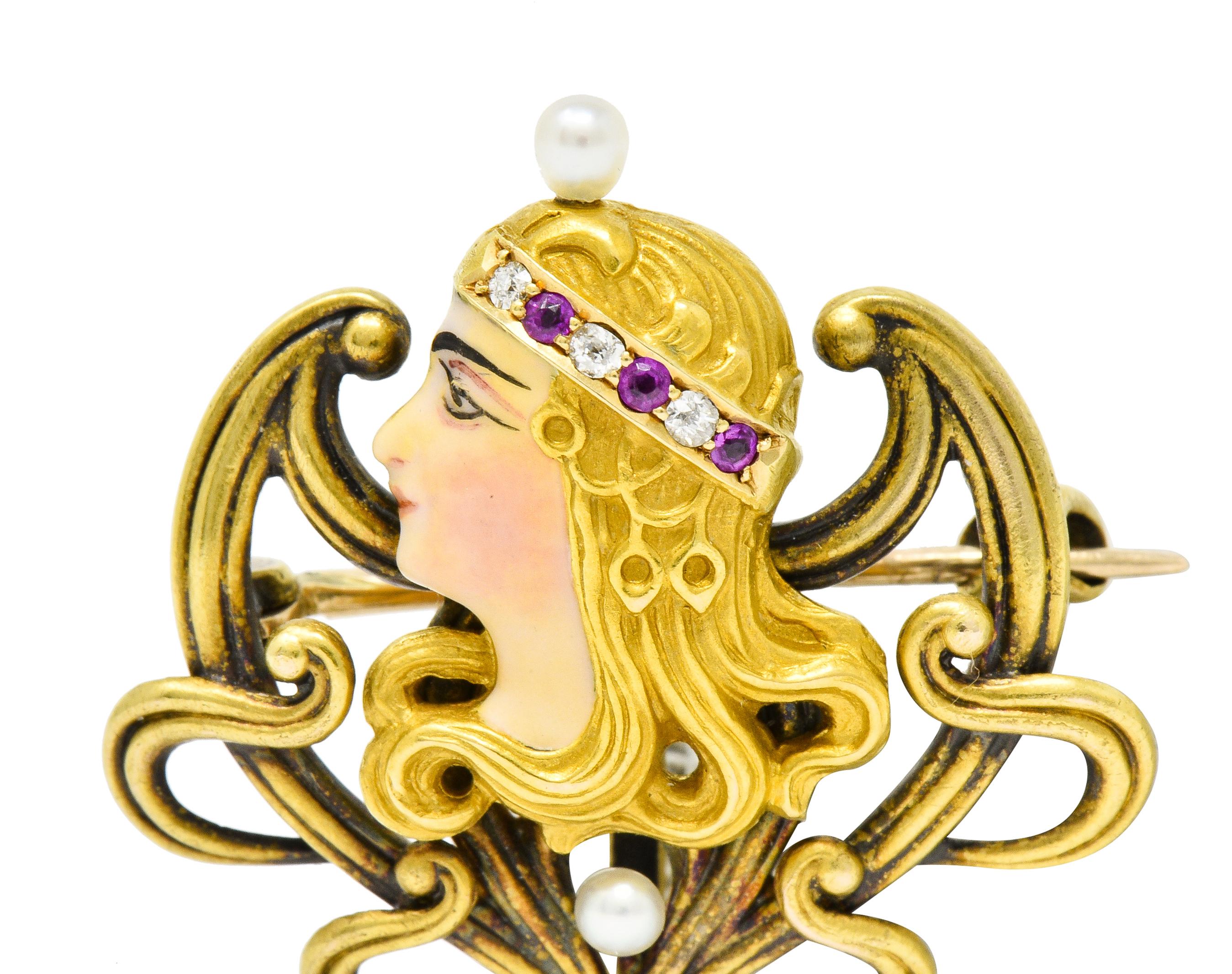 Art Nouveau Enamel Pearl Ruby Diamond 14 Karat Gold Empress Pendant Brooch 3