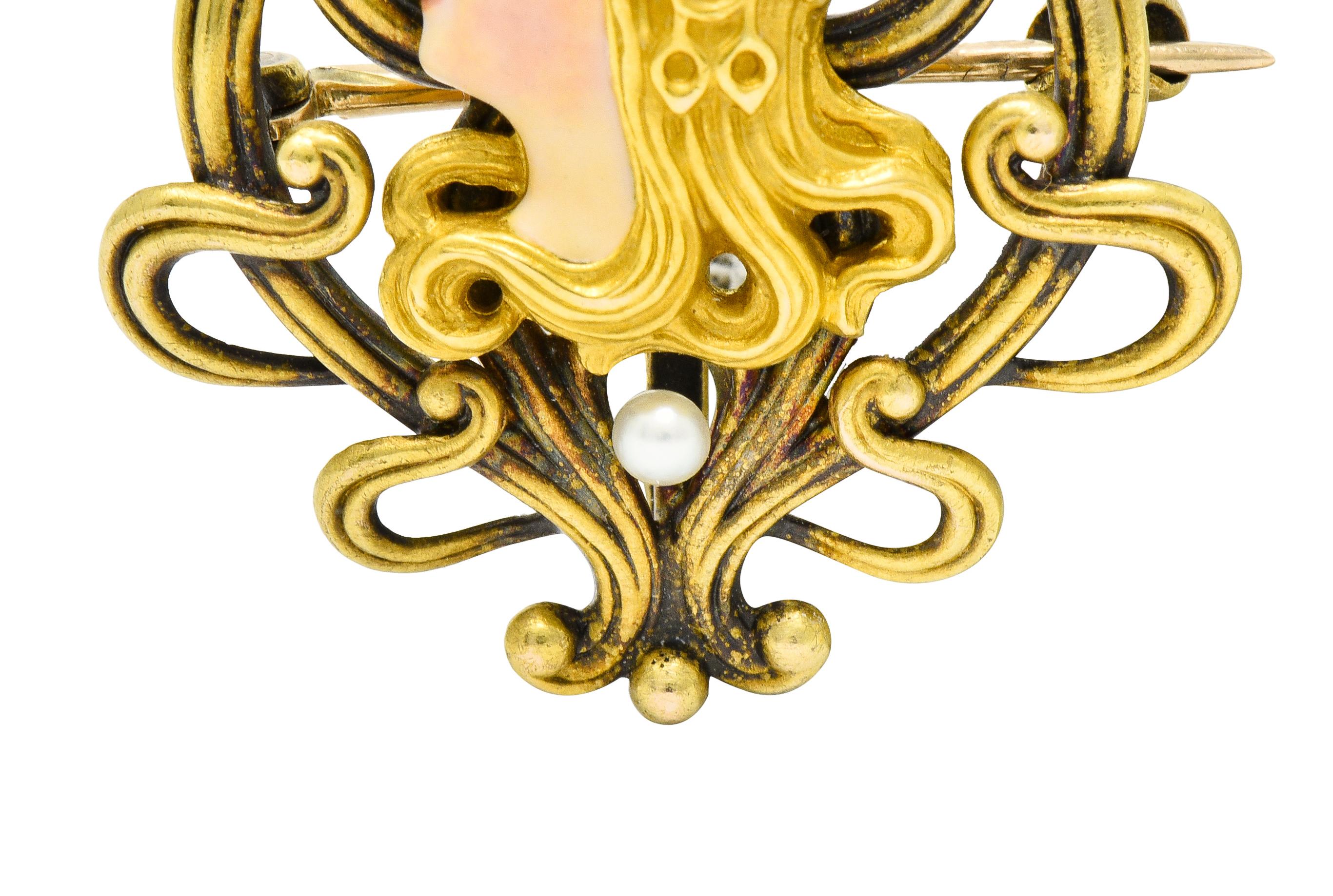 Art Nouveau Enamel Pearl Ruby Diamond 14 Karat Gold Empress Pendant Brooch 4