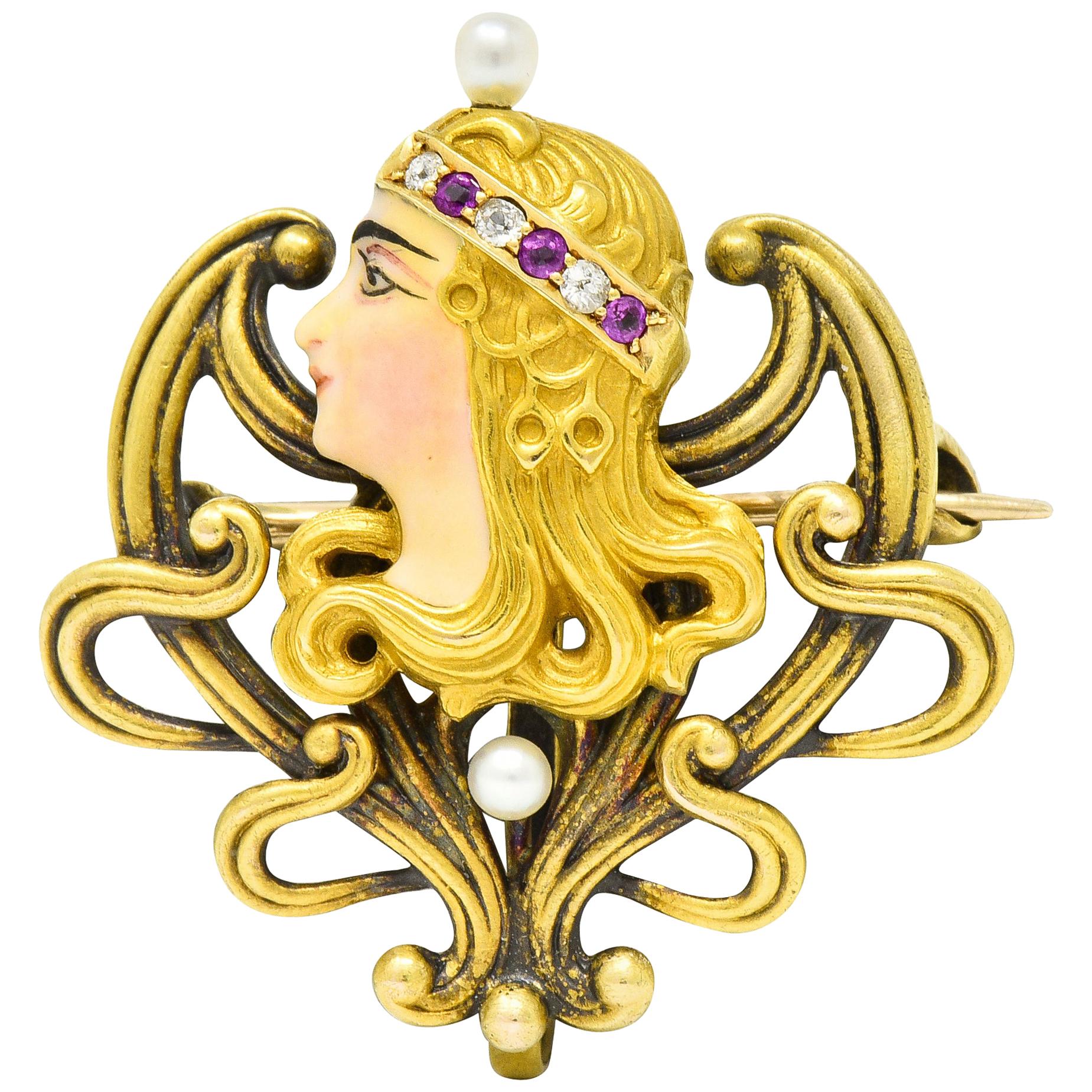 Art Nouveau Enamel Pearl Ruby Diamond 14 Karat Gold Empress Pendant Brooch
