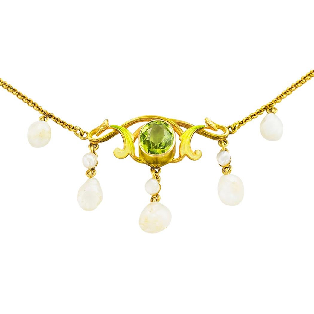 Oval Cut Art Nouveau Enamel Peridot Pearl Gold Necklace