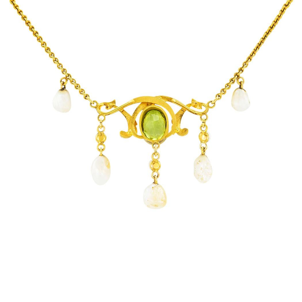 Art Nouveau Enamel Peridot Pearl Gold Necklace In Good Condition In Los Angeles, CA