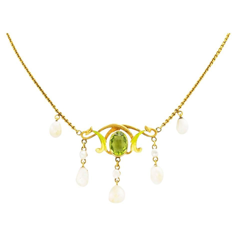 Jugendstil-Halskette, Emaille Peridot Perle Gold