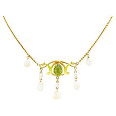 Art Nouveau Enamel Peridot Pearl Gold Necklace