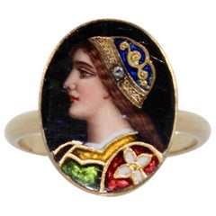 Art Nouveau Enamel Portrait Ring Athena 18 Karat