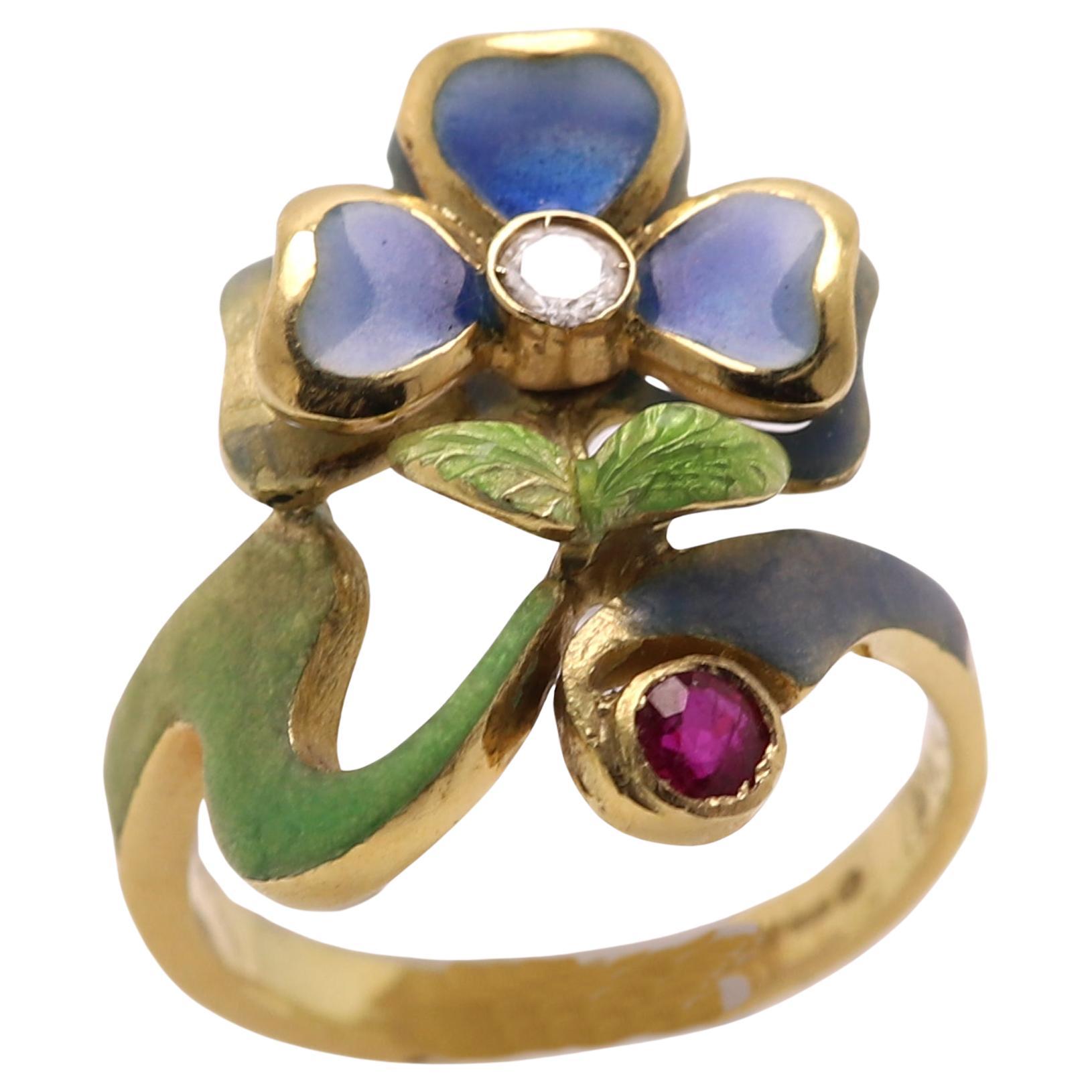 Art Nouveau 1910 Enamel Ring 18 Karat Gold  Flower Style  For Sale