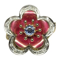 Art Nouveau Enamel Sapphire White Diamonds 14 Karat Yellow Gold White Gold Ring