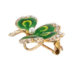 Art Nouveau Enamel Seed Pearl Yellow Gold Four-Leaf Clover Brooch