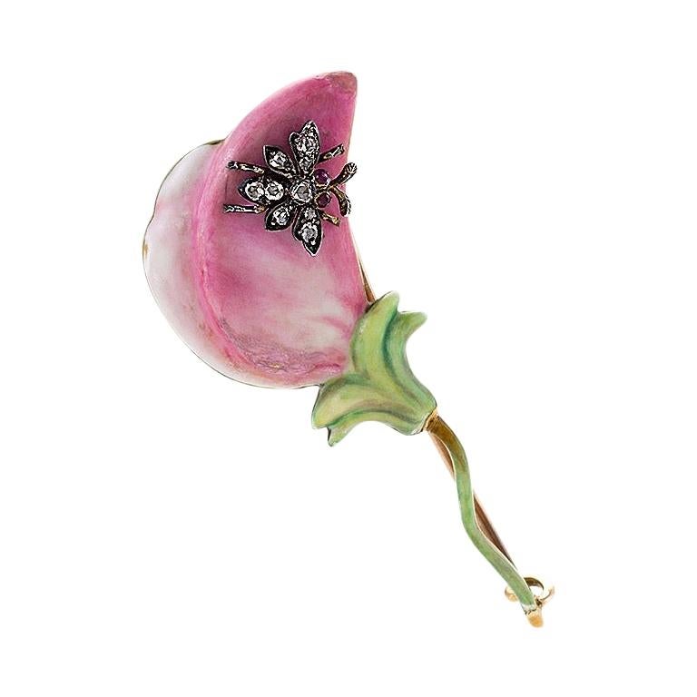 Art Nouveau Enamel Sweet Pea Brooch with Fly