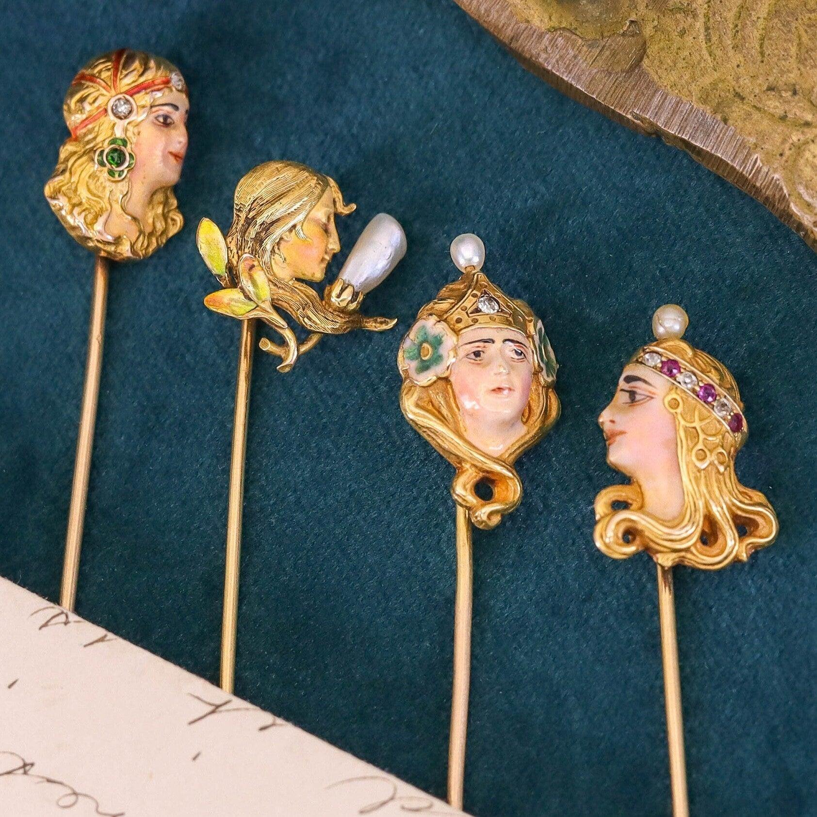 Women's Art Nouveau Enamel Woman Stickpin of 14k Gold For Sale
