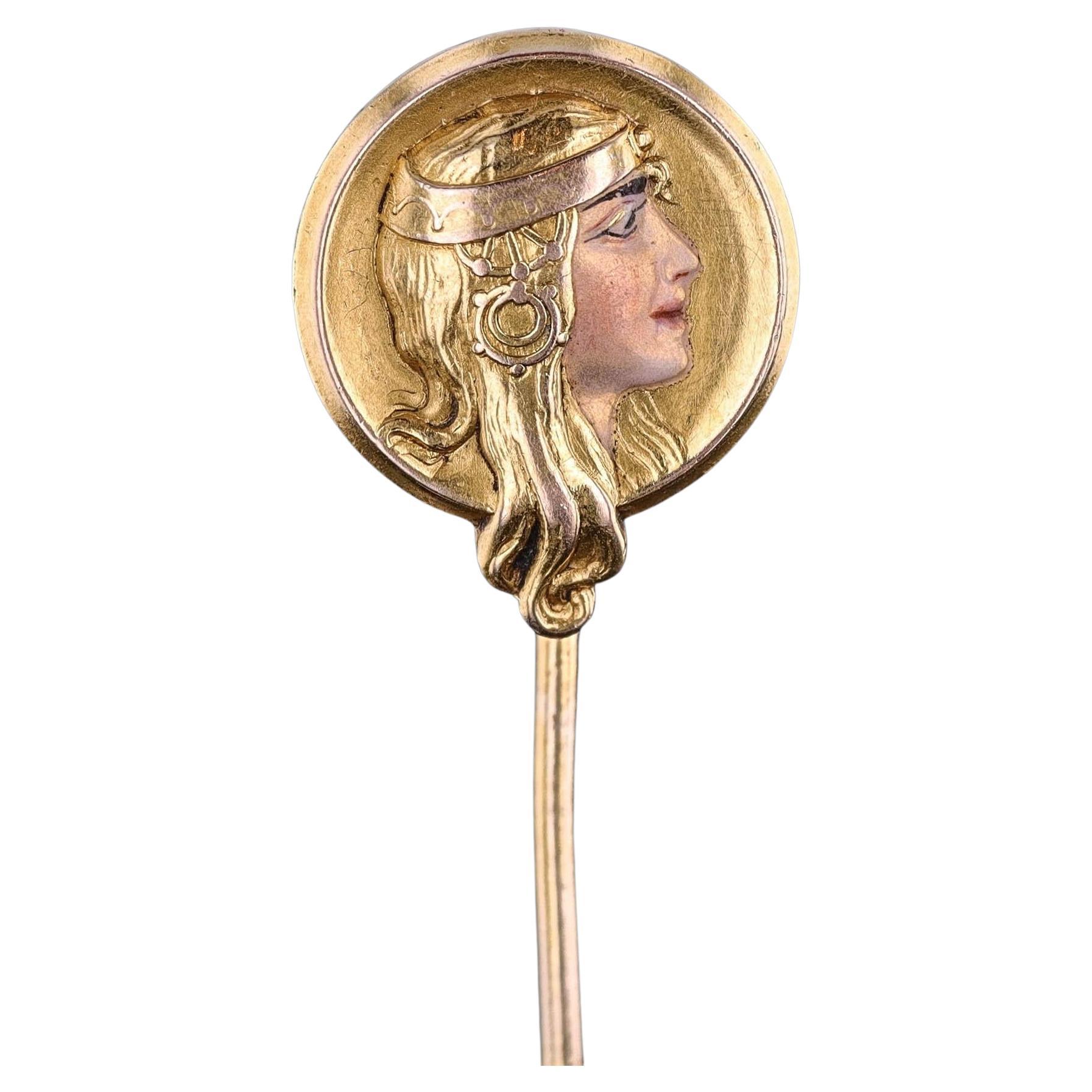 Art Nouveau Enamel Woman Stickpin of 14k Gold