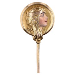 Art Nouveau Enamel Woman Stickpin of 14k Gold