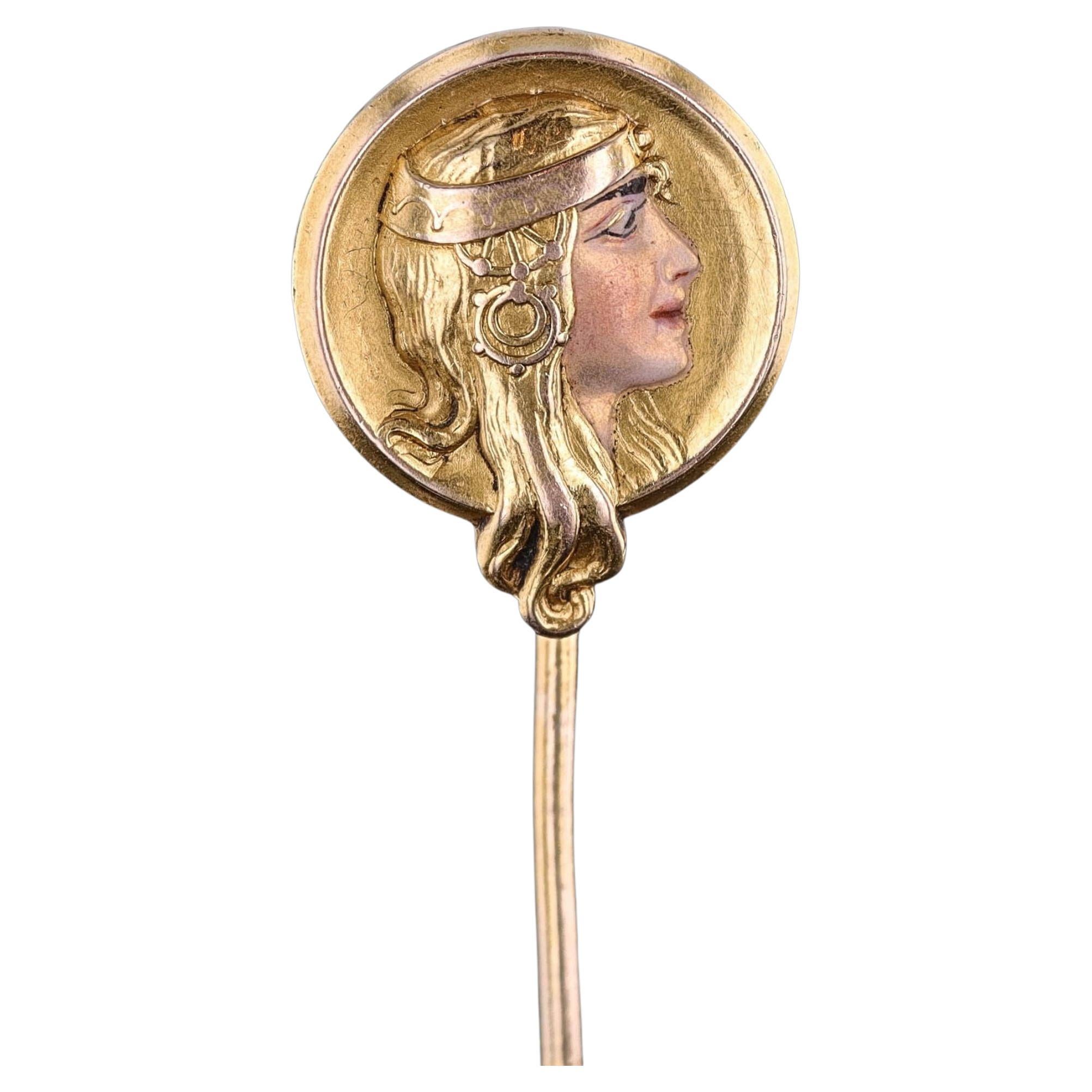 Épingle à bâton Art Nouveau Femme émaillée en or 14 carats