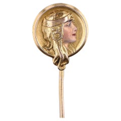 Épingle à bâton Art Nouveau Femme émaillée en or 14 carats