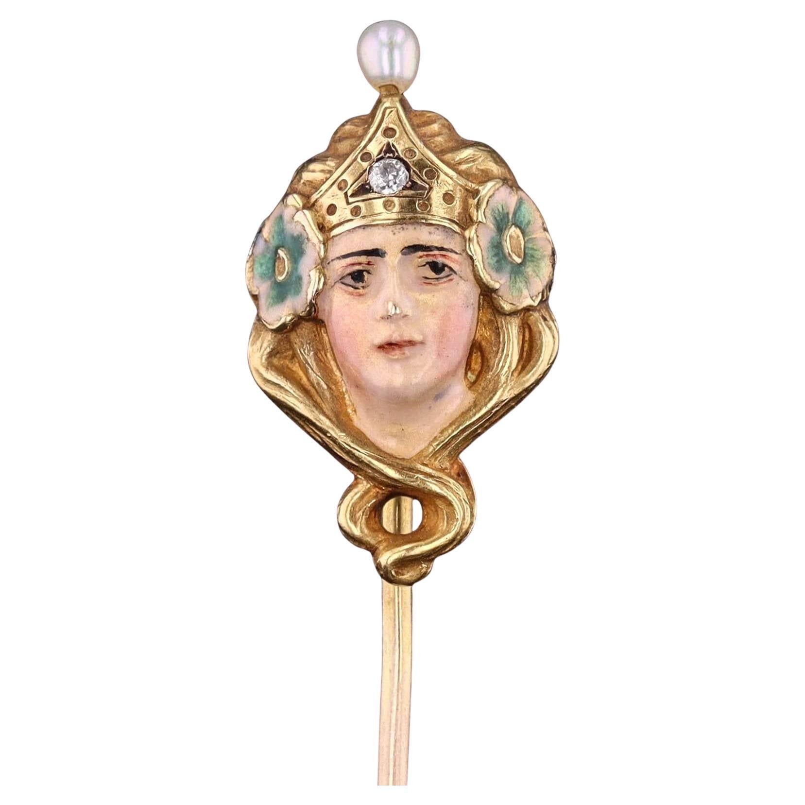 Art Nouveau Enamel Woman Stickpin of 14k Gold