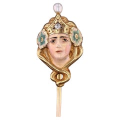 Art Nouveau Enamel Woman Stickpin of 14k Gold