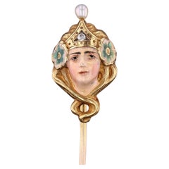 Épingle à bâton Art Nouveau Femme émaillée en or 14 carats