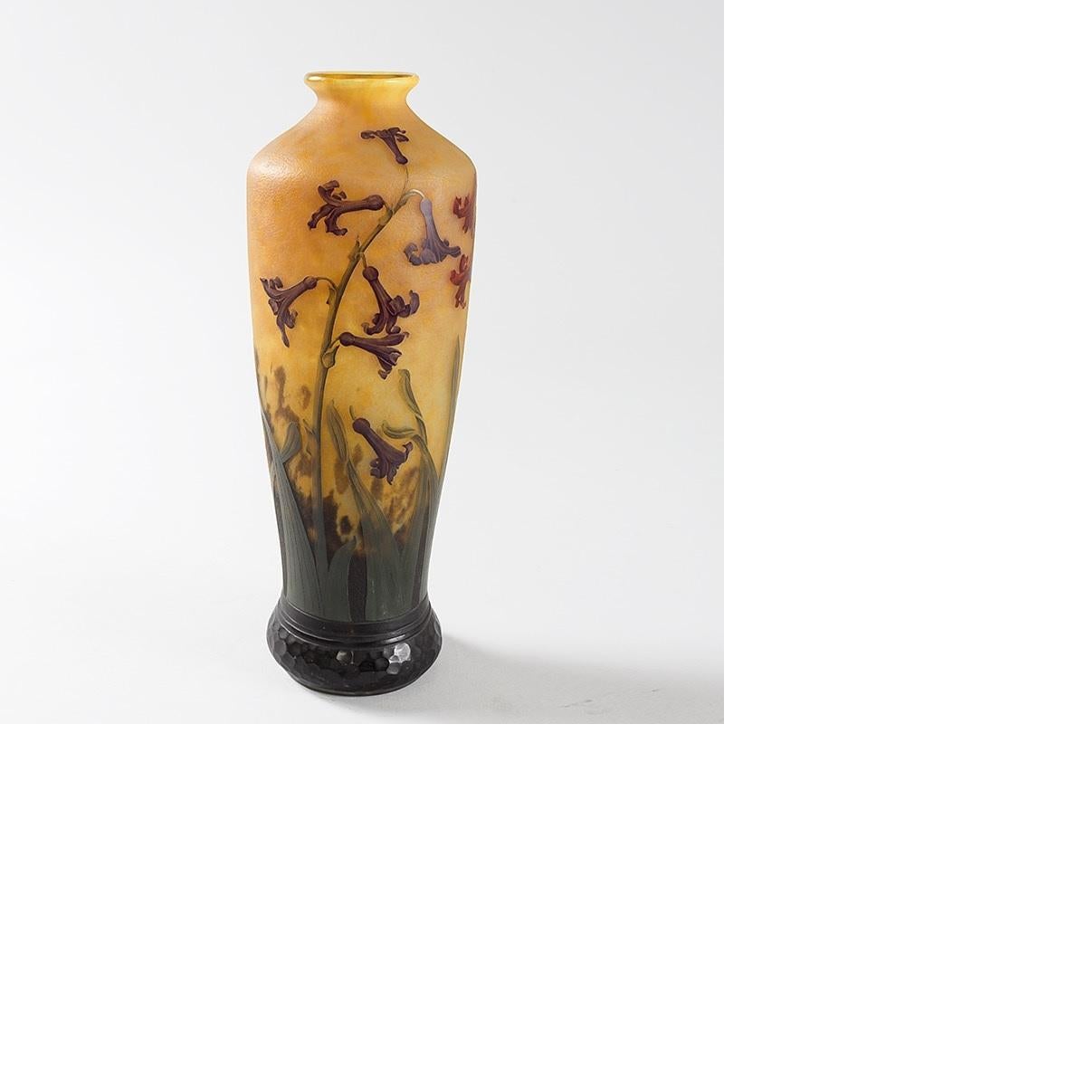 Art Nouveau Daum Nancy Enameled and Etched Hyacinth Landscape Glass Vase