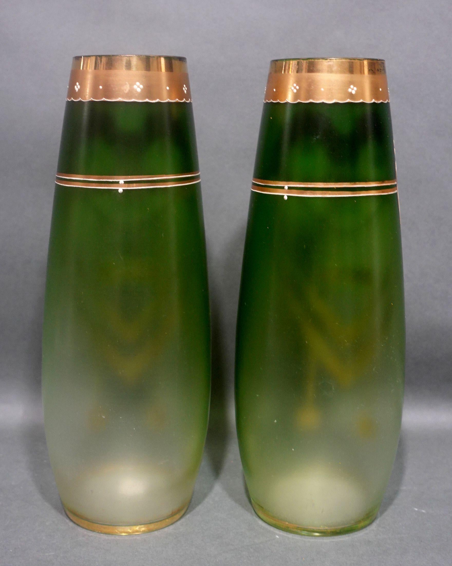 Hand-Crafted Art Nouveau Enameled and Gilt Art Glass Vases For Sale