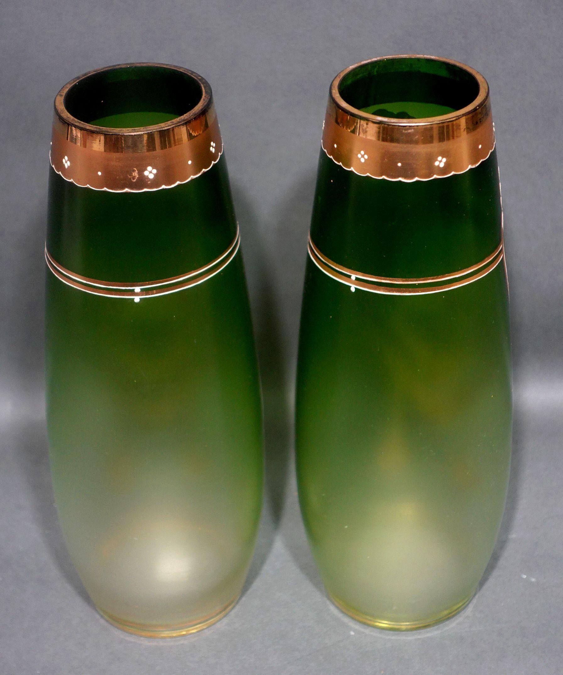 Art Nouveau Enameled and Gilt Art Glass Vases In Good Condition For Sale In Norton, MA