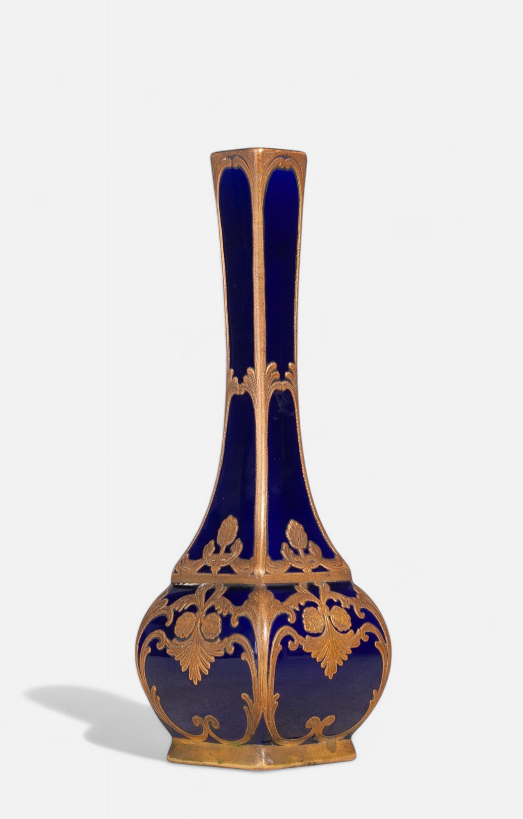 Early 20th century Art Nouveau enameled and gilt blue Sèvres porcelain vase by Paul Milet, France

By: Paul Milet, Manufacture Nationale de Sèvres
Material: porcelain, ceramic, enamel, paint
Technique: enameled, hand-painted, molded, pressed,