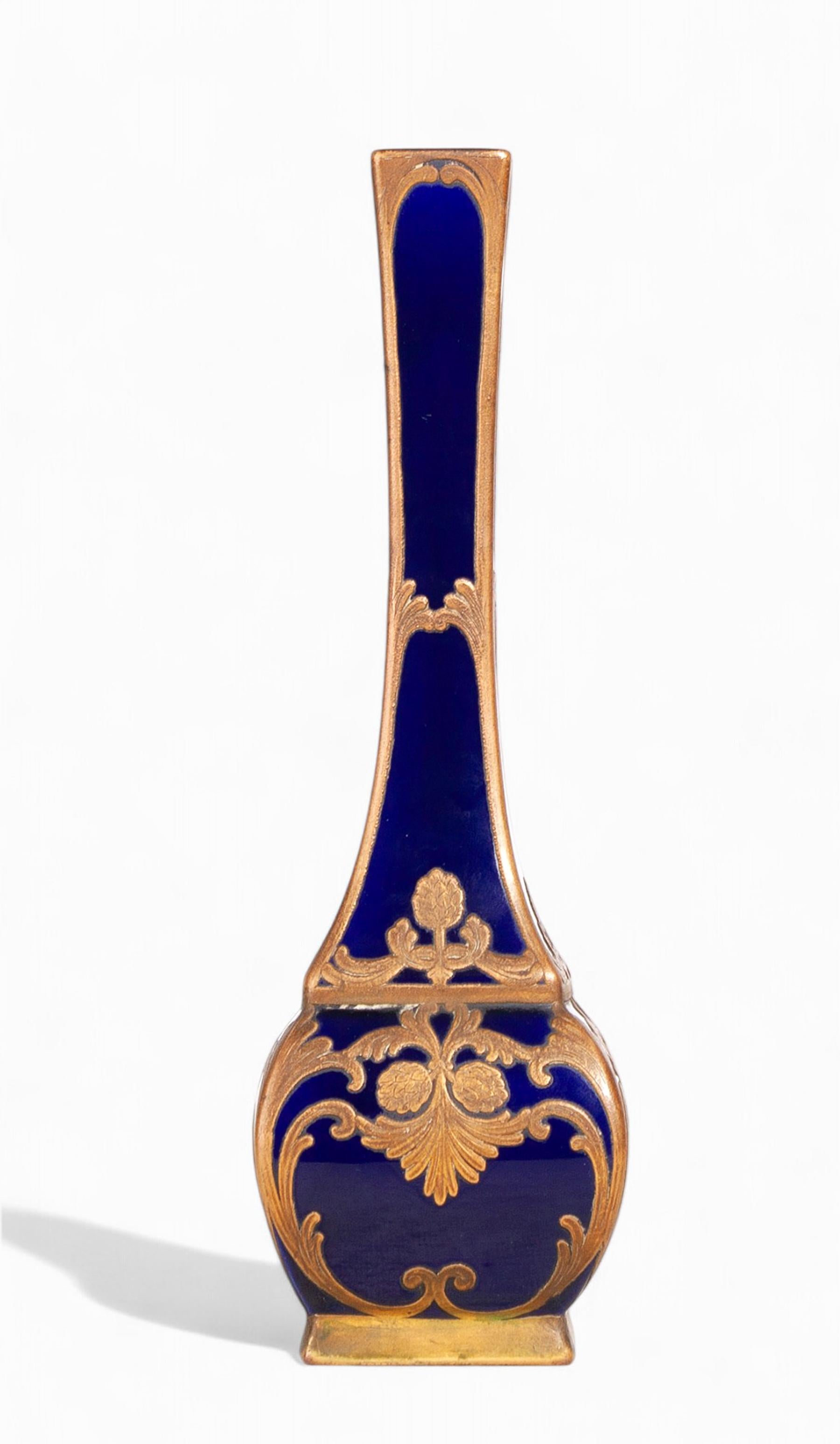 French Art Nouveau Enameled and Gilt Blue Sèvres Porcelain Vase by Paul Milet, France For Sale