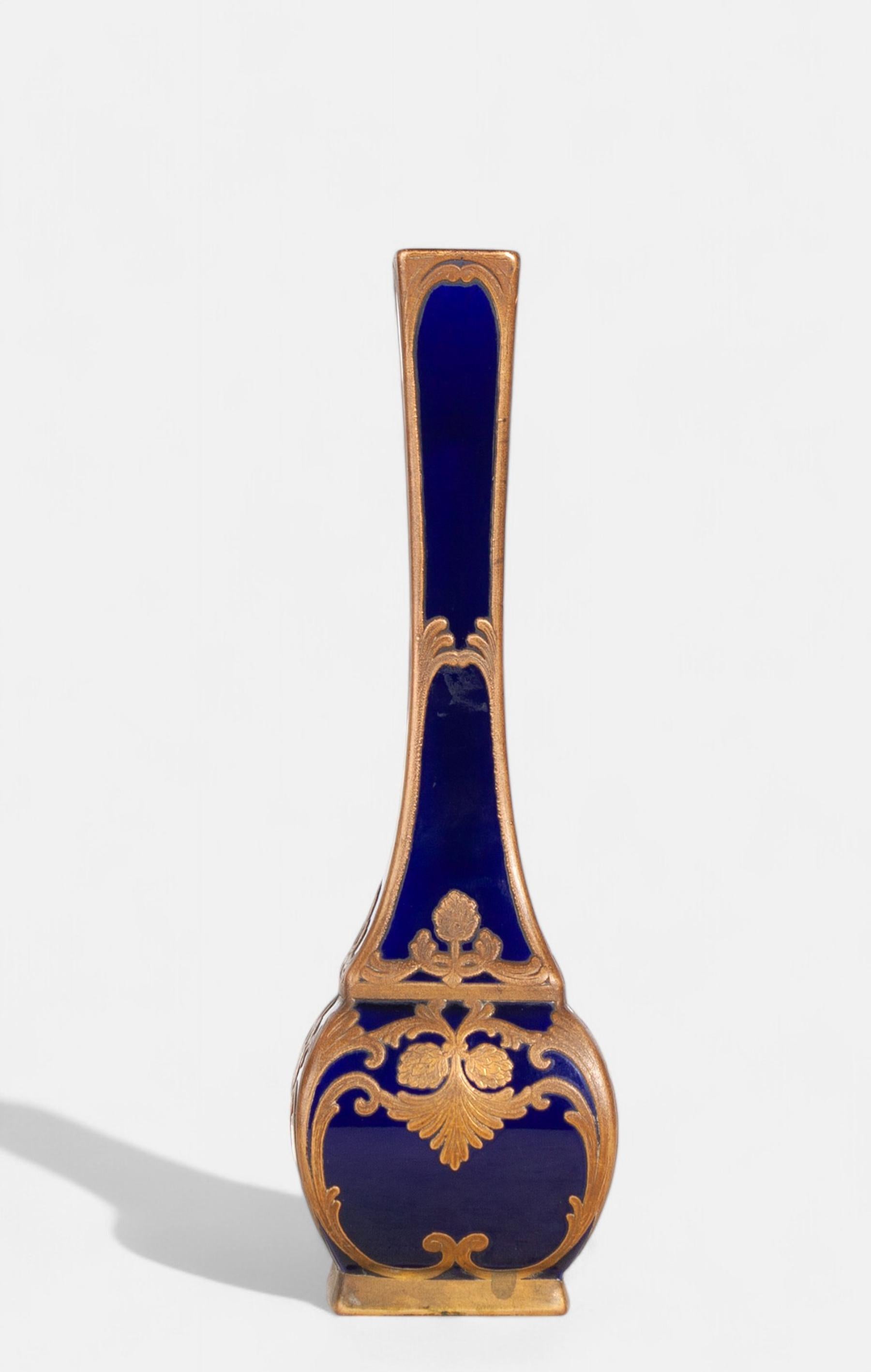Cast Art Nouveau Enameled and Gilt Blue Sèvres Porcelain Vase by Paul Milet, France For Sale